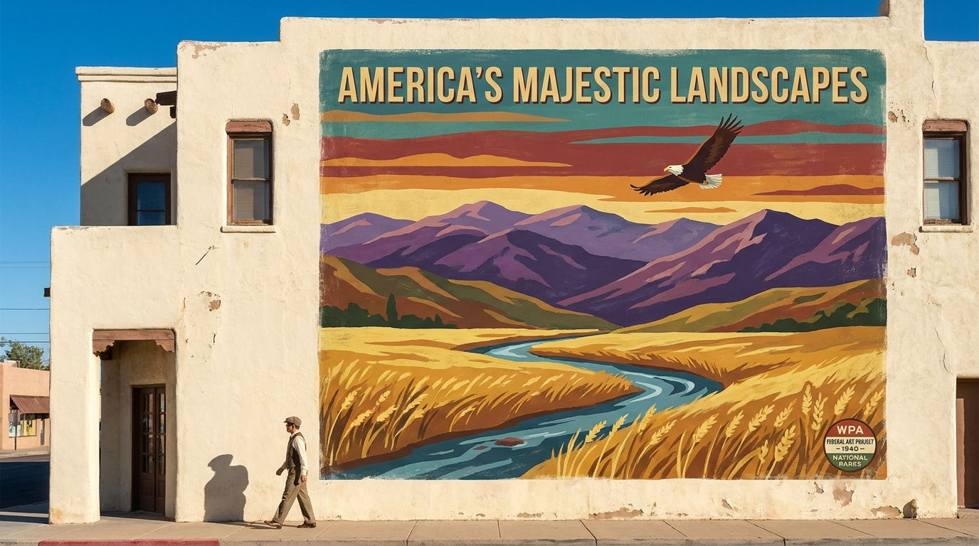 Small Town, U.S.A. mural depicting a classic American downtown